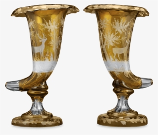 Amber Glass Cornucopia Vases With Woodland Scene - Antique