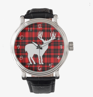 Deer Stag Silhouette On Red Black Plaid Watch - Too Shall Pass Watch