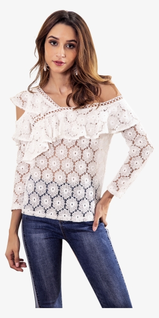 White Lace Chic Top With Irregular Shoulder - Blouse