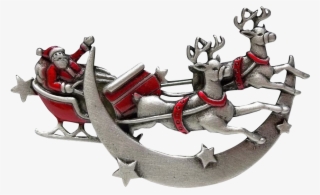 Santa Sleigh Reindeer Jj Xmas Christmas Brooch Pewter - Reindeer