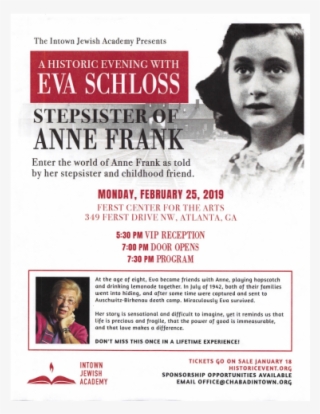 Eva Schloss Event Flyer - Diary Of Anne Frank