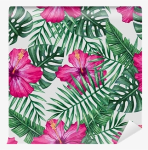Watercolor Orchid Flower And Palm Leaves Seamless Pattern
