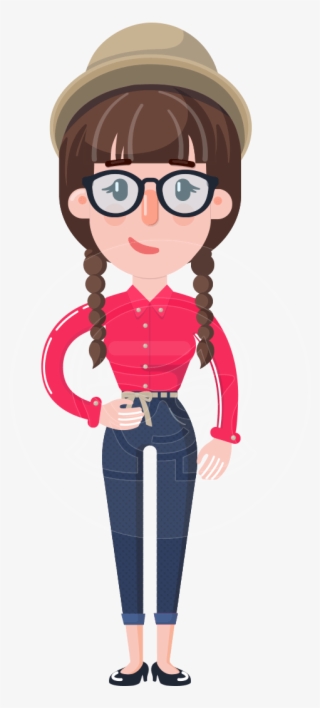 Flat Fashionable Girl With Hat And Pigtails - Cartoon