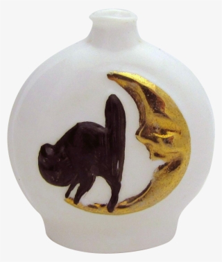 Vintage Art Deco Halloween Black Cat On Moon Milk Glass - Ceramic