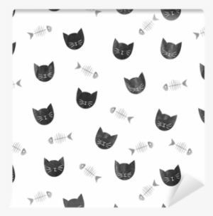 Seamless Pattern With Watercolor Black Cats And Fishbones - Cat